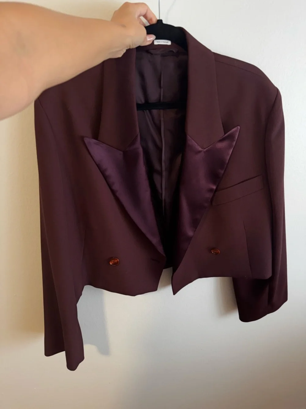 Acne Studios Burgundy Cropped Double-Breasted Oversized Blazer with Satin Lapels - Picture 3 of 4
